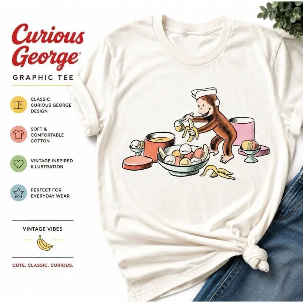 Curious George Graphic Tee Banana Breakfast Cartoon Shirt Women’s Size M